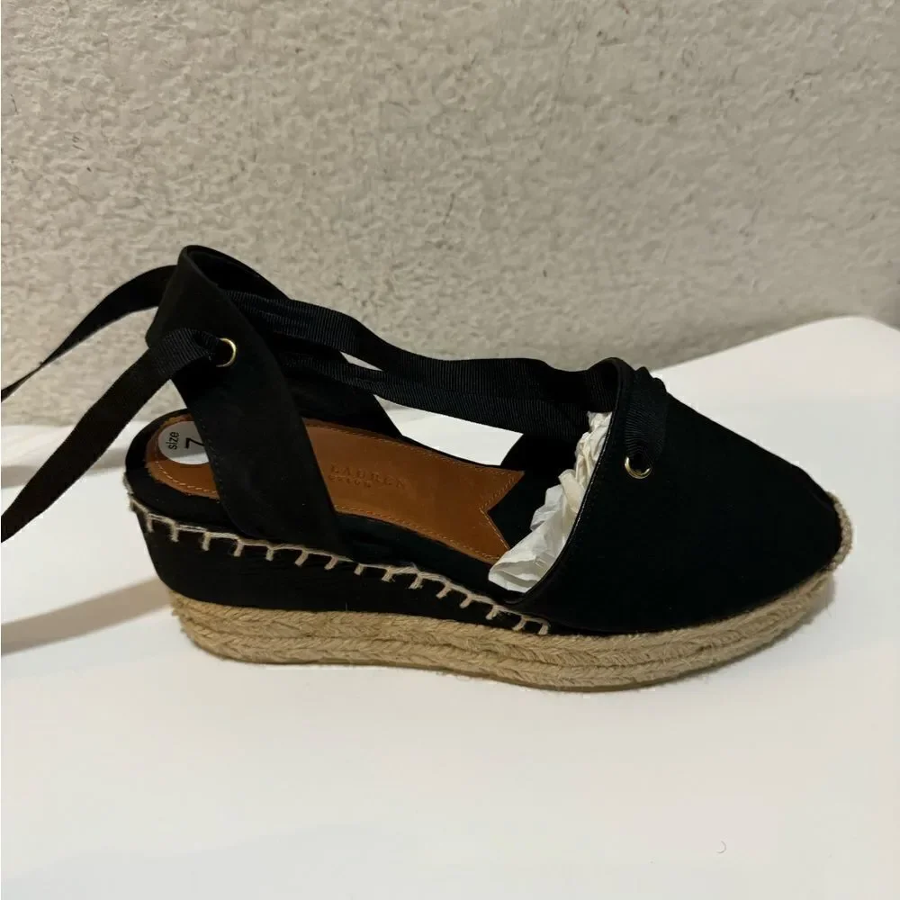 Ralph Lauren Black Uma Espadrille Wedge Ankle Wrap Platform Sandals Size 37